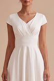 A Line White Ruched Midi Engagement Dress With Cap Sleeves