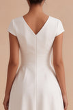 A Line White Ruched Midi Engagement Dress With Cap Sleeves