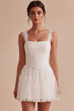 Square Neck A Line Tulle Little White Dress