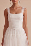 Square Neck A Line Tulle Little White Dress