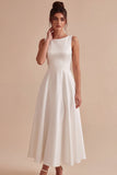 A Line Round Neck White Midi Engagement Dress