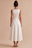 A Line Round Neck White Midi Engagement Dress