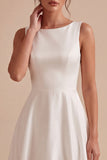 A Line Round Neck White Midi Engagement Dress