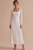 Long Sleeve White Square Neck A Line Midi Engagement Dress