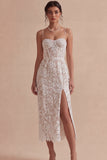 Corset Lace Spaghetti Straps Sheath White Midi Engagement Dress