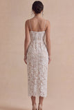 Corset Lace Spaghetti Straps Sheath White Midi Engagement Dress