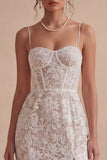 Corset Lace Spaghetti Straps Sheath White Midi Engagement Dress