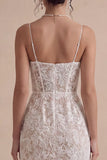 Corset Lace Spaghetti Straps Sheath White Midi Engagement Dress