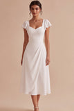 White A Line Flutter Sleeve Ruched Midi Engagement Dress