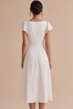 White A Line Flutter Sleeve Ruched Midi Engagement Dress