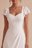 White A Line Flutter Sleeve Ruched Midi Engagement Dress