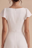 White A Line Flutter Sleeve Ruched Midi Engagement Dress