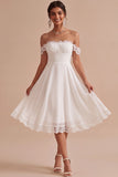 Off The Shoulder White A Line Lace Midi Engagement Dress