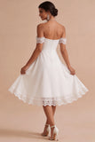 Off The Shoulder White A Line Lace Midi Engagement Dress