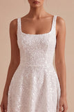 Sequins Square Neck A Line Little White Dress