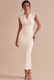 Sheath White Ruched Cap Sleeve Midi Engagement Dress