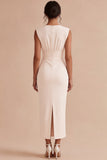 Sheath White Ruched Cap Sleeve Midi Engagement Dress