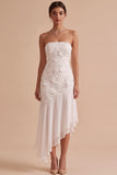 Strapless Floral Tiered White Sheath High-Low Engagement Dress