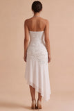 Strapless Floral Tiered White Sheath High-Low Engagement Dress