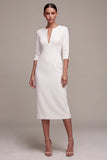 White Sheath Half Sleeve Midi Engagement Dress With Slit
