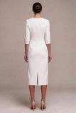 White Sheath Half Sleeve Midi Engagement Dress With Slit