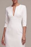 White Sheath Half Sleeve Midi Engagement Dress With Slit