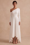 One Shoulder Long Sleeve White A Line High-Low Engagement Dress