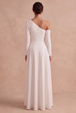 One Shoulder Long Sleeve White A Line High-Low Engagement Dress