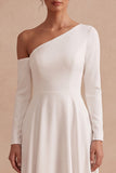 One Shoulder Long Sleeve White A Line High-Low Engagement Dress
