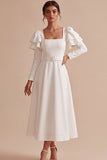 Square Neck White A Line Ruffled Midi Engagement Dress With Long Sleeves
