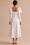 Square Neck White A Line Ruffled Midi Engagement Dress With Long Sleeves