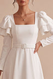 Square Neck White A Line Ruffled Midi Engagement Dress With Long Sleeves