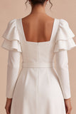 Square Neck White A Line Ruffled Midi Engagement Dress With Long Sleeves