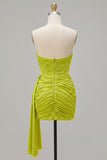 Strapless Bodycon Green Ruched Mini Homecoming Dress With Streamer