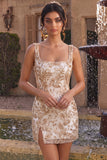 Square Neck Sparkly Floral Bodycon Champagne Mini Homecoming Dress