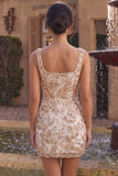 Square Neck Sparkly Floral Bodycon Champagne Mini Homecoming Dress