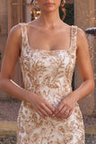 Square Neck Sparkly Floral Bodycon Champagne Mini Homecoming Dress