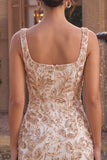Square Neck Sparkly Floral Bodycon Champagne Mini Homecoming Dress