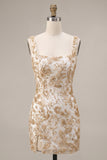 Square Neck Sparkly Floral Bodycon Champagne Mini Homecoming Dress