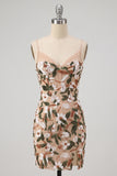 Corset Sequins Floral V-Neck Bodycon Light Khaki Mini Homecoming Dress