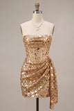 Strapless Corset Gold Sequins Bodycon Mini Homecoming Dress