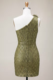 One Shoulder Sequins Dark Green Bodycon Mini Homecoming Dress