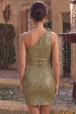 One Shoulder Sequins Dark Green Bodycon Mini Homecoming Dress