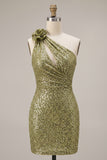One Shoulder Sequins Dark Green Bodycon Mini Homecoming Dress