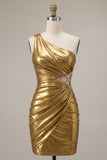 Metallic One Shoulder Gold Bodycon Mini 80s Homecoming Dress