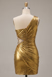 Metallic One Shoulder Gold Bodycon Mini 80s Homecoming Dress