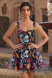 Floral Sequins Black A Line Thick Straps Mini Homecoming Dress