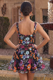 Floral Sequins Black A Line Thick Straps Mini Homecoming Dress