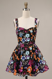 Floral Sequins Black A Line Thick Straps Mini Homecoming Dress