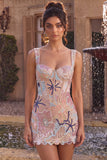 Corset Floral Sequins Pink Thick Straps Bodycon Mini Homecoming Dress